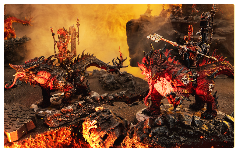 Screenshot 20261028 111917 Frontline Gaming Two red dragon like monsters clash on a lava lit rocky battlefield with figures wielding weapons atop their backs