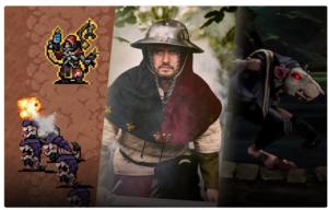 Collage of three fantasy scenes pixel art battle on the left a medieval armored man in the center and a dark creature on the right