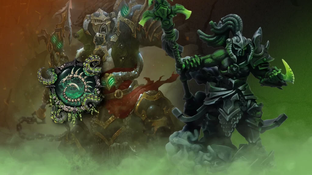 Two heavily armored fantasy warriors clash in a smoky battlefield one with a glowing green shield and spiked armor on the left and a menacing green clad foe on the right