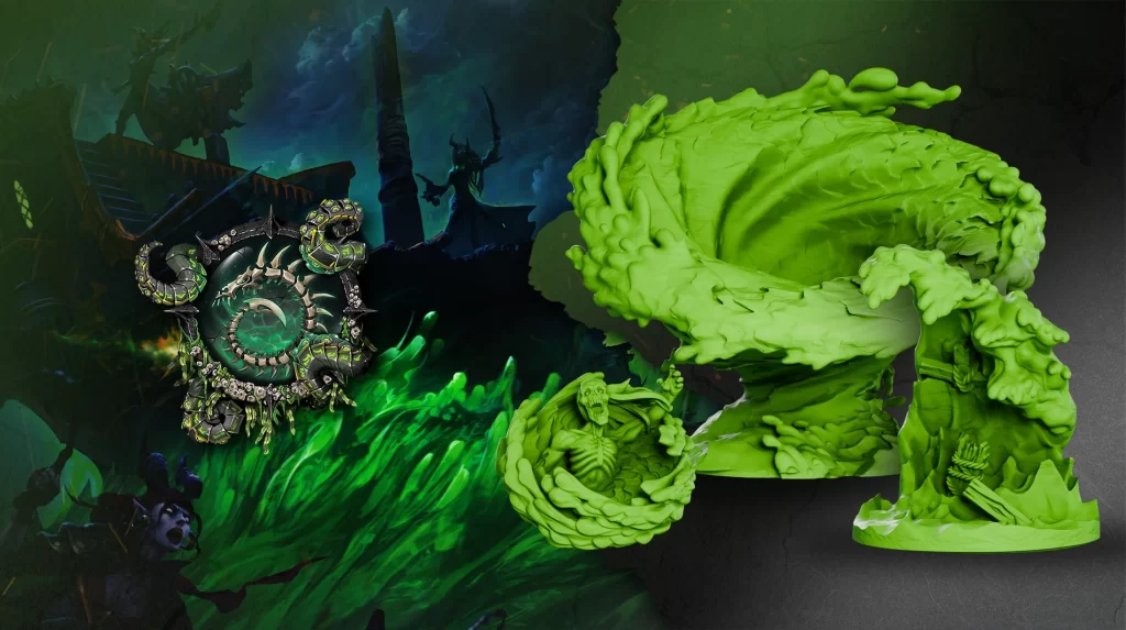 Dark fantasy scene with a glowing green slime creature looming over a round spiked mechanical portal in a shadowy landscape