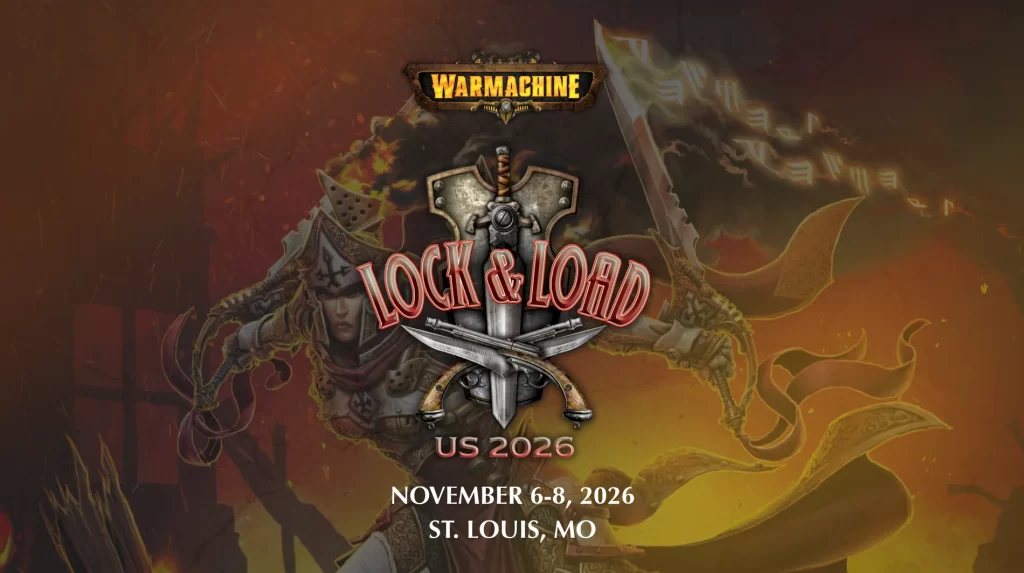 WarMachine event poster Lock  Load with crossed swords and shield against a fiery background November 68 2026 St Louis MO