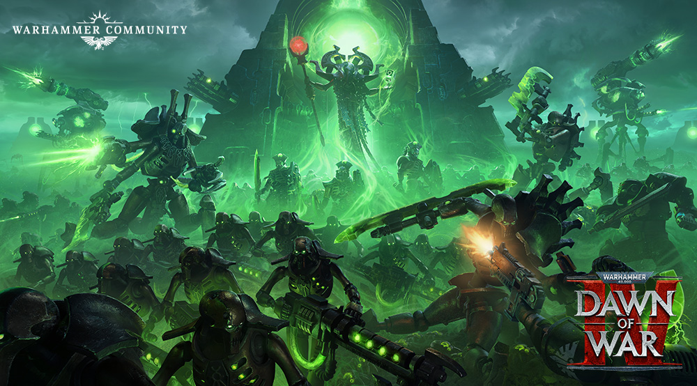 dowgametraileroct21art1siwuc9axdn Frontline Gaming Green energy war horde charges a fortress with a central ominous figure summoning power Warhammer Dawn of War branding visible