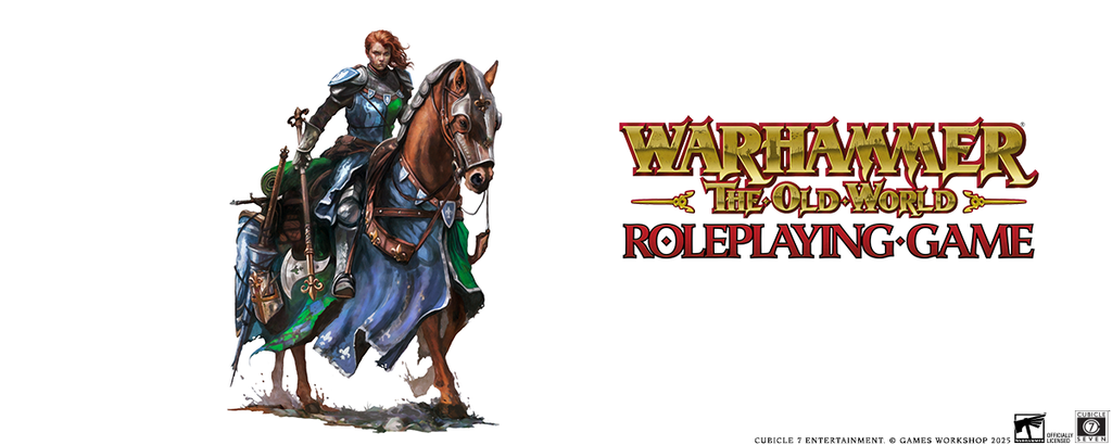 Knight in armor on a horse beside the Warhammer The Old World Roleplaying Game logo