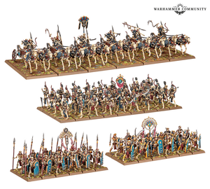 Warhammer fantasy undead army miniatures set shown in three rows of painted skeletal infantry and cavalry with banners on rectangular bases