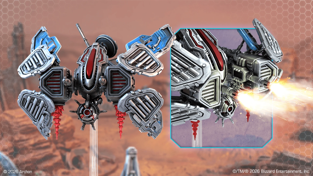 Split view image of a futuristic battle mech with blue accented limbs on the left and a firing cannon on the right against an orange hex patterned battlefield