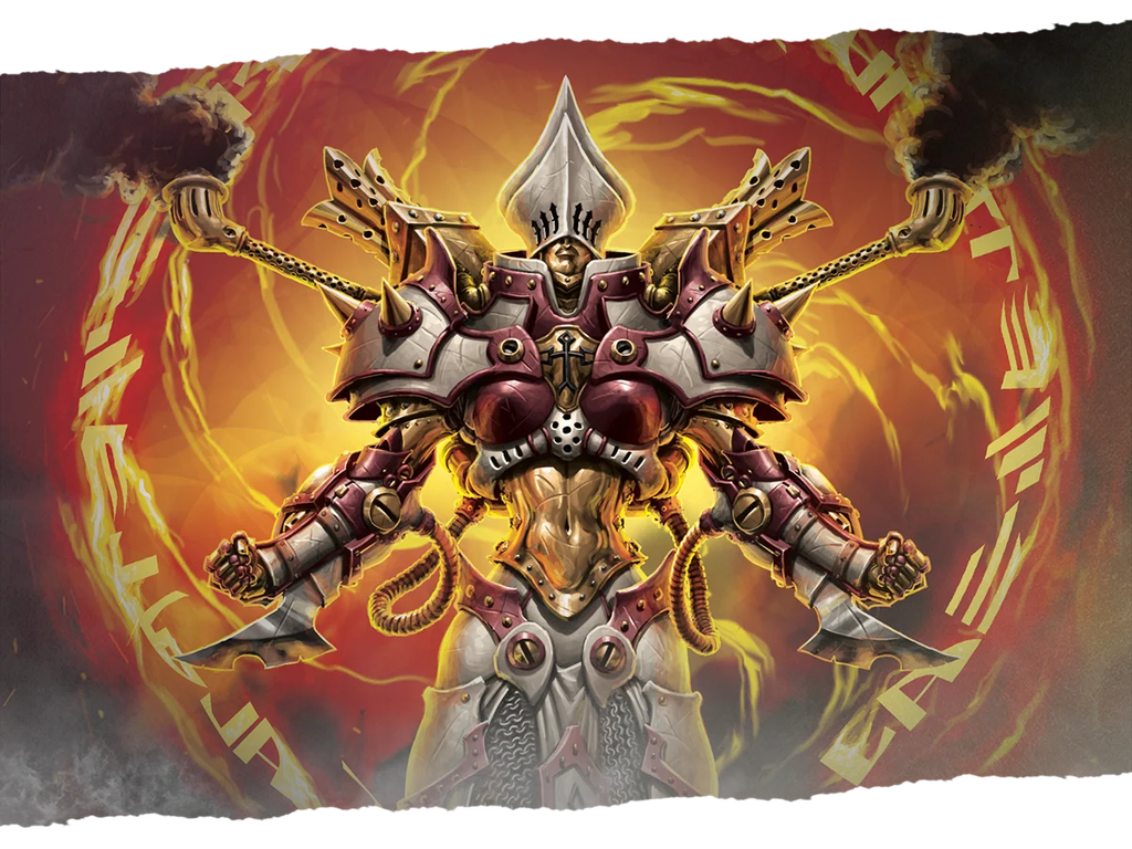 Four armed armored knight with bladed gauntlets standing in a fiery orange background