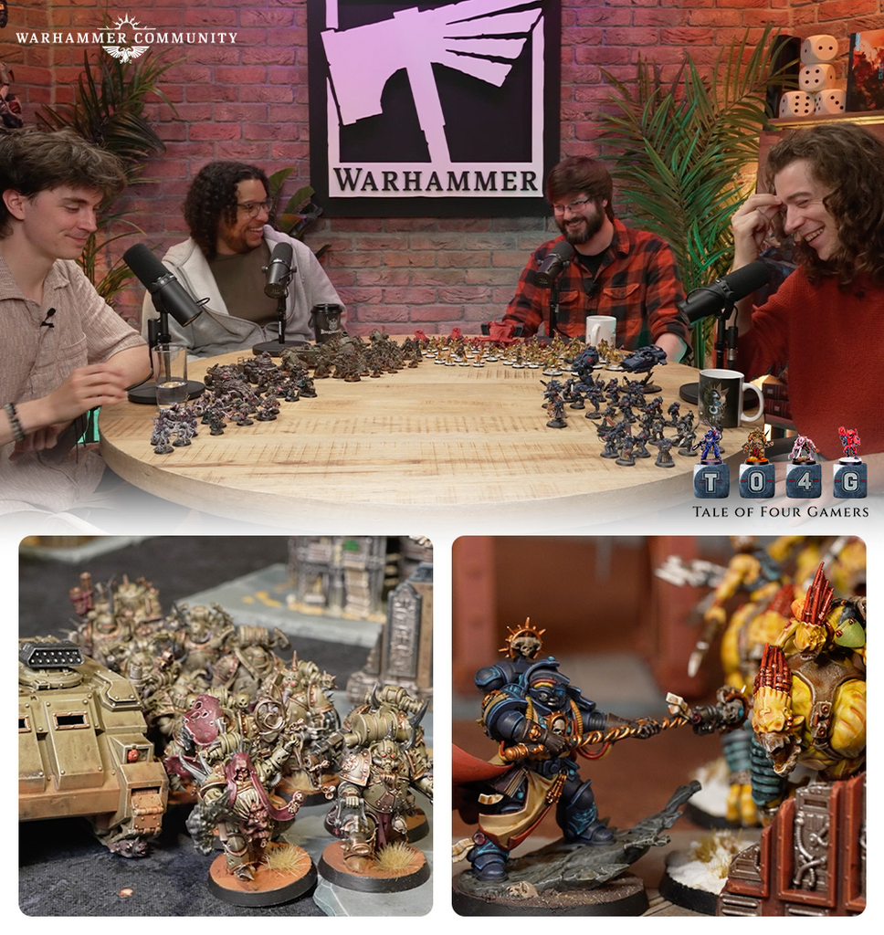 image Frontline Gaming Four people sit around a wooden table playing Warhammer miniatures for a podcast with a Warhammer logo on a brick wall behind