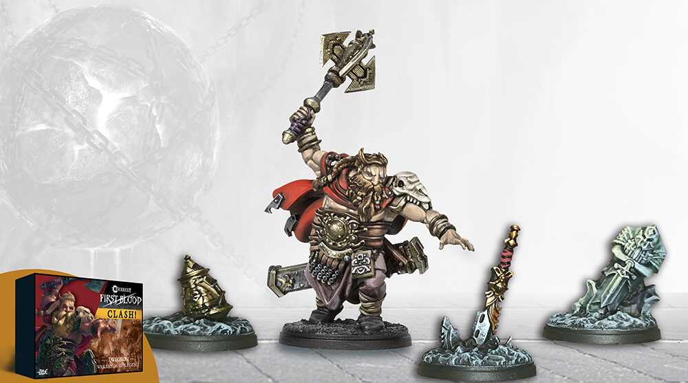 image Frontline Gaming Fantasy tabletop scene with a central hammer wielding warrior miniature surrounded by smaller figures and a boxed game set on the left