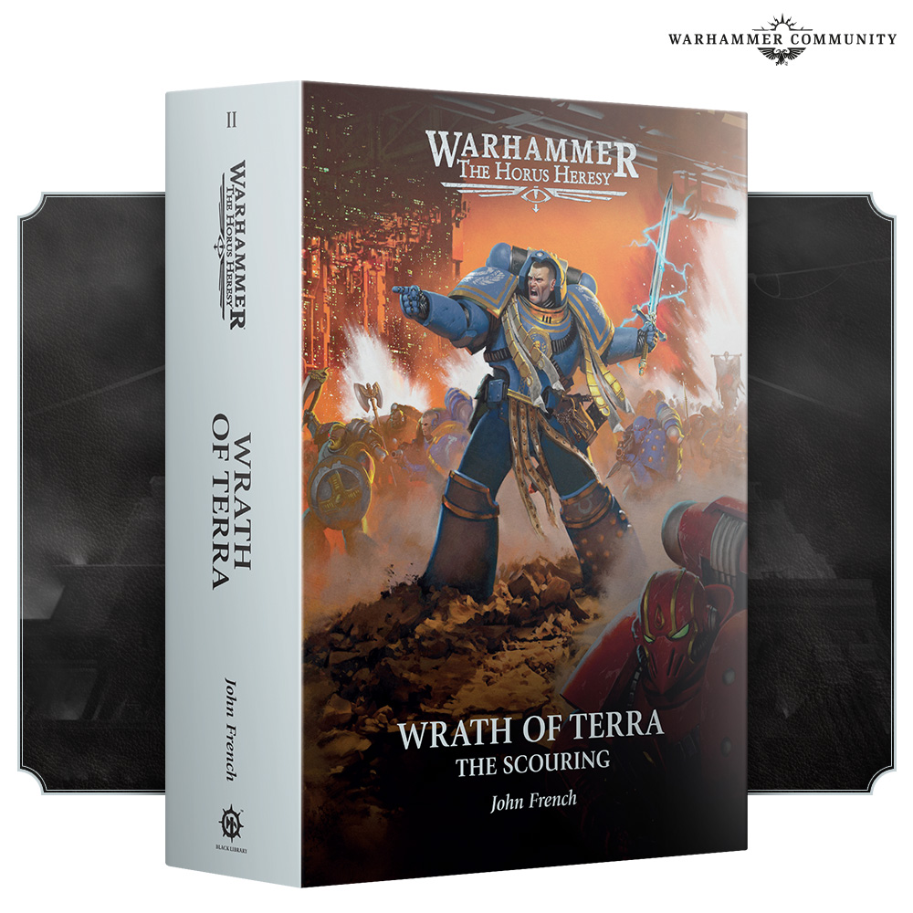 image Frontline Gaming Wrath of Terra The Scouring Warhammer Horus Heresy novel cover featuring a blue armored Space Marine in battle