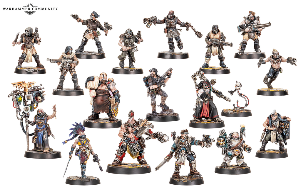 image Frontline Gaming Collection of painted Warhammer miniatures on round bases against a white background varied characters with weapons and gear posed dynamically
