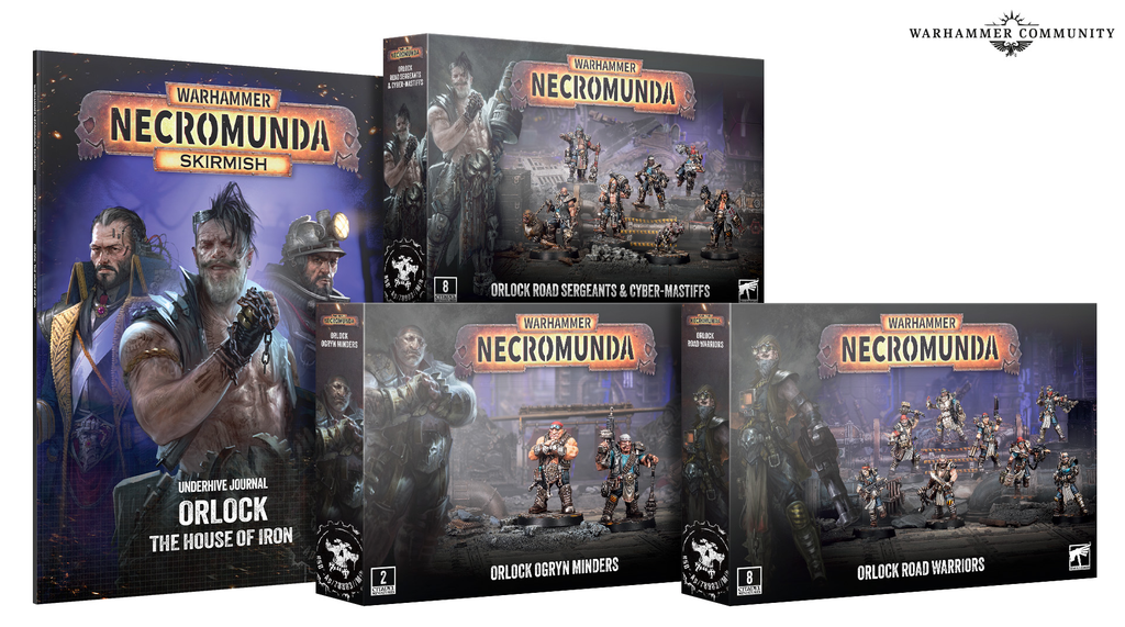 image Frontline Gaming Collection of Warhammer Necromunda boxed games with Orlock Ogryn Minders and road warrior miniatures on dramatic industrial art covers