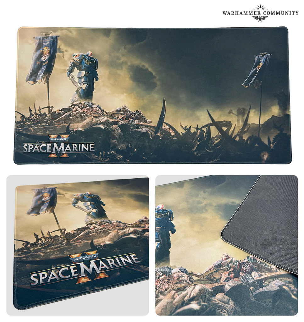 image Frontline Gaming Wide mouse pad showing a Warhammer Space Marine battle scene with a lone armored Marine amid fallen foes and two banners sky overhead Space Marine logo bottom left