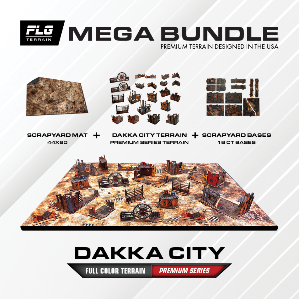Promo collage for FLG Dakka City terrain scrap yard mat premium city terrain 16 bases and bold Dakka City branding