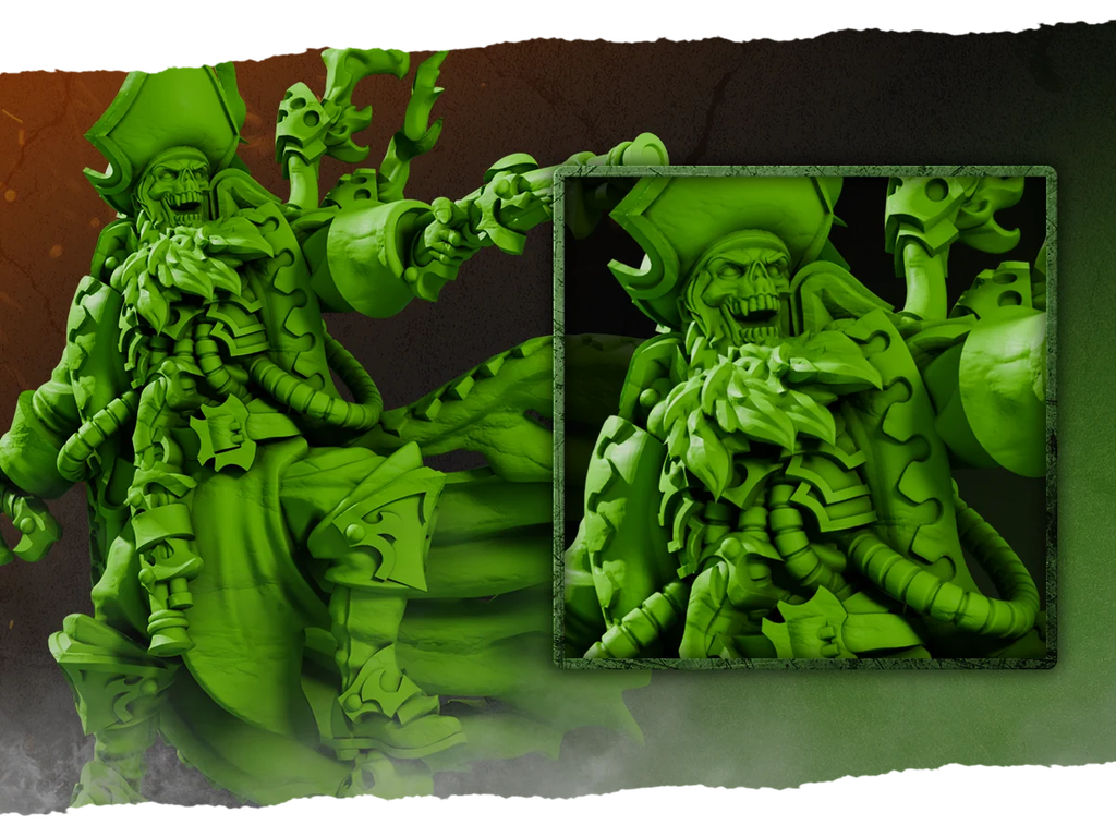 Green heavily armored skeletal demon miniature pose with outstretched arm detailed armor plates and tubes inset close up panel showing the same figure Ghost Fleet of Cryx
