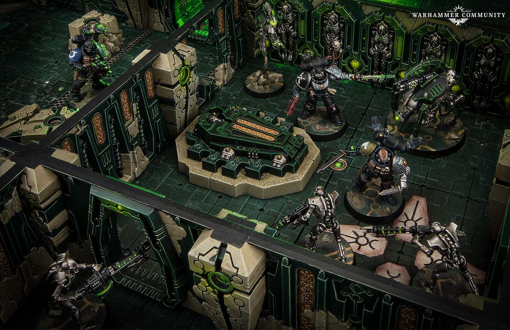 image Frontline Gaming Tabletop Warhammer battle scene in a green lit ruin with Space Marines fighting Necron warriors amid platforms and rubble