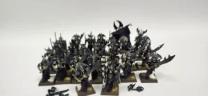 Group of dark armored skeleton miniatures with swords and shields arranged on square bases. A card in front reads 'HOK-28 Grave Guard' indicating the unit name and kit.