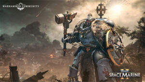 Space Marine in full armor with fur mantle raising a hammer on a smoky battlefield Space Marine logo bottom right