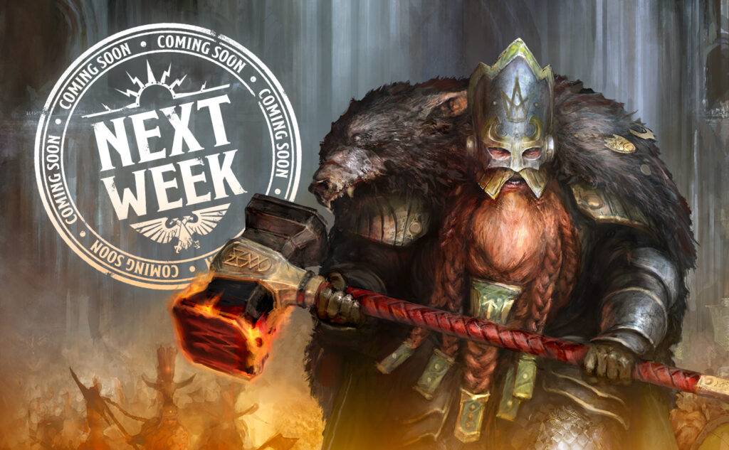 A fierce armored bear warrior brandishing a glowing hammer with a promotional Next Week circle in the background