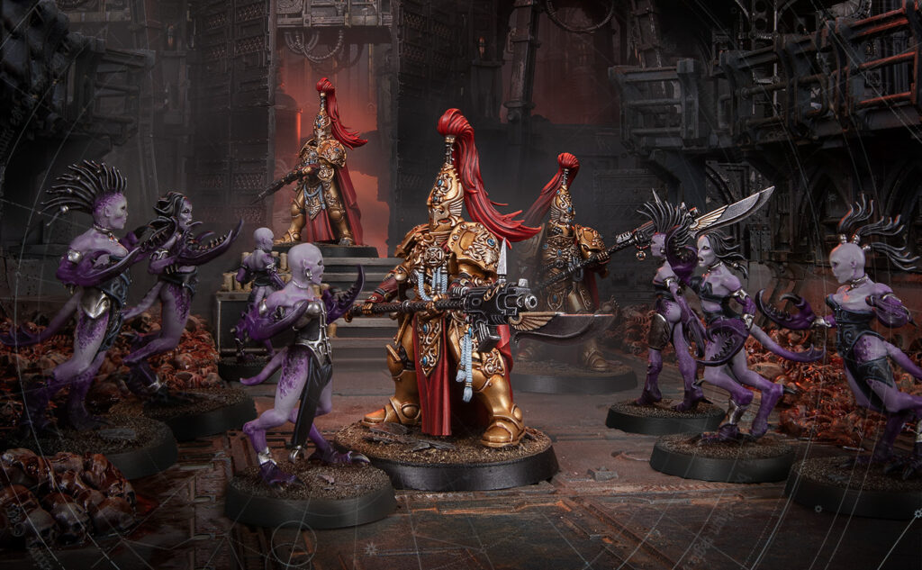thhsignisjournaloct071featurehvm58xlbvq Frontline Gaming Ornate gold armored warrior with a red plume at center surrounded by purple demon like foes in a dark industrial battlefield