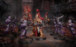 Ornate gold armored warrior with a red plume at center surrounded by purple demon like foes in a dark industrial battlefield