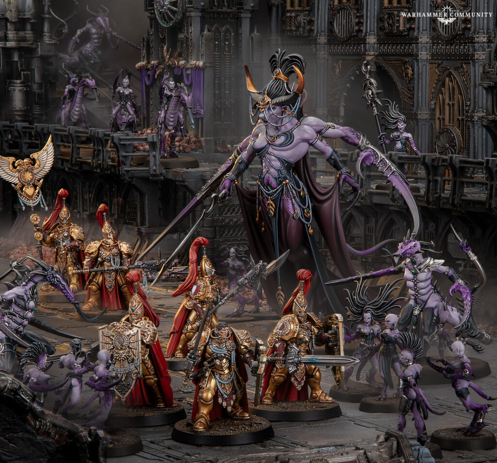 Central purple demon matriarch in ornate gold and purple armor charges with blades amid a dark industrial fortress battlefield surrounded by demon troops and armored units