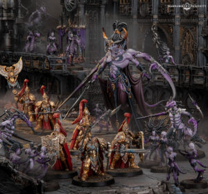Central purple demon matriarch in ornate gold and purple armor charges with blades amid a dark industrial fortress battlefield surrounded by demon troops and armored units