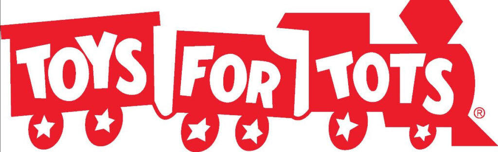 Toys for Tots logo a red train with white letters spelling TOYS FOR TOTS across the cars