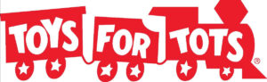 Toys for Tots logo a red train with white letters spelling TOYS FOR TOTS across the cars