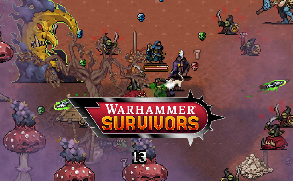 Pixel art battle scene from Warhammer Survivors red barren ground heroes and monsters fighting amid scattered debris with the games logo across the center