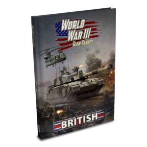 Cover art for World War III Team Yankee  British edition showing tanks and soldiers in a battlefield with a red white blue flag motif on the cover